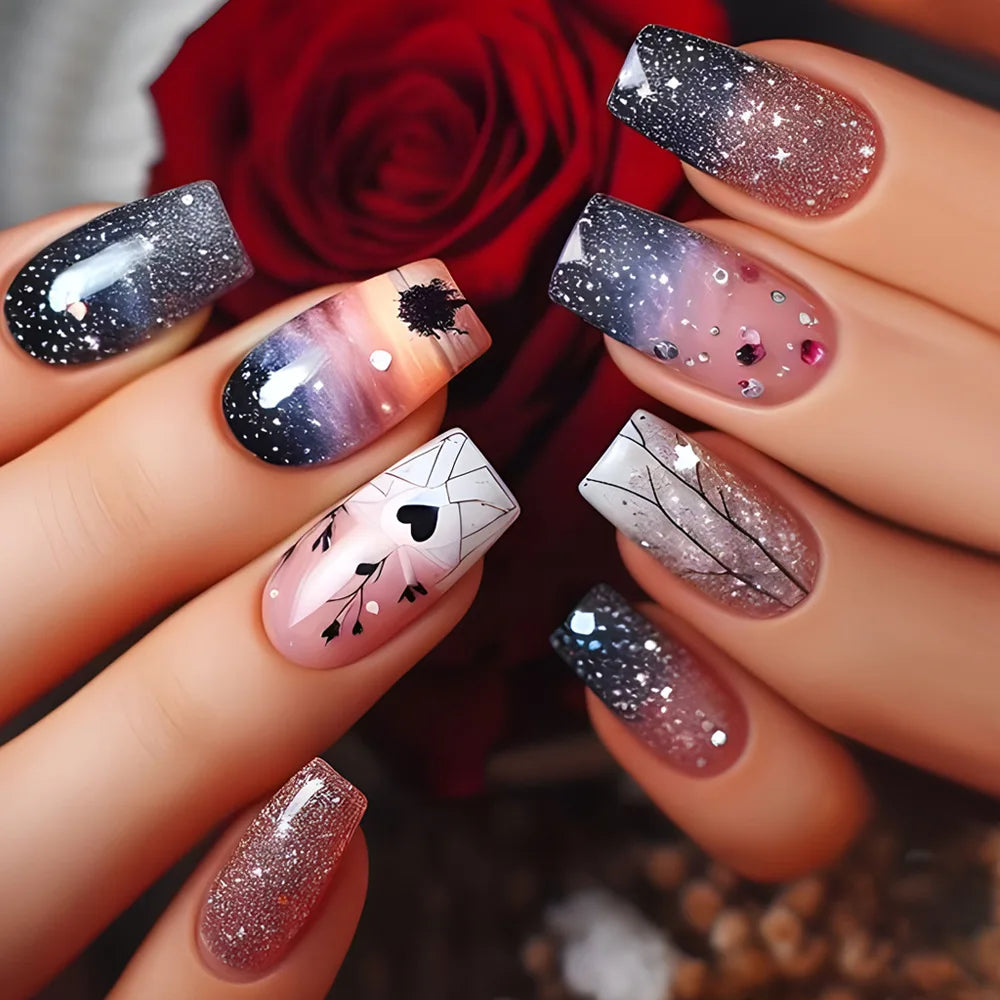 24Pcs Set Vintage False Nails with Glue Flower Checkered Press on Nails French Acrylic Nail Short Square Fake Nails Sweet Cool