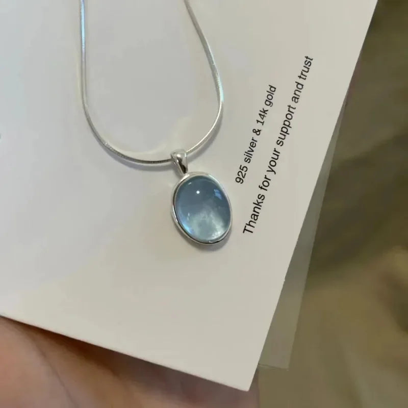 Simple Oval Aquamarine Moonstone Pendant Necklace for Women Girls Luxury Snake Chain Necklace Fashion Collar Jewelry Gifts