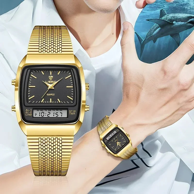 New Golden Steel Strap Quartz Sport Watch Mens Dual Time Week Display Digital Wristwatches Waterproof Clock Reloj Hombre