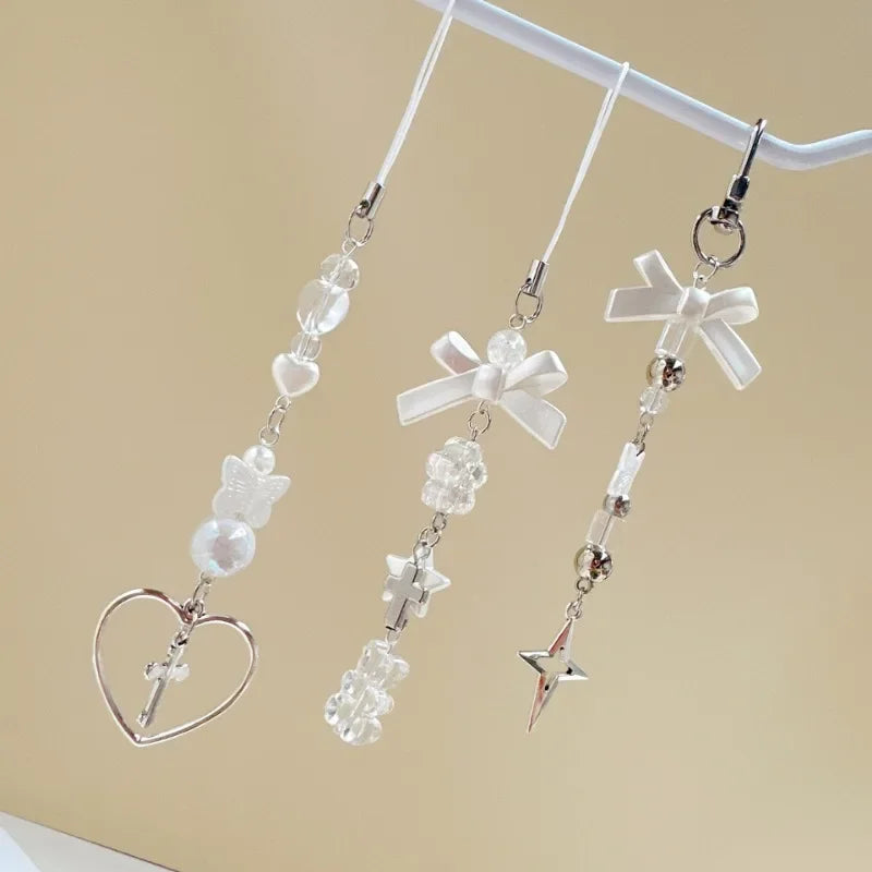 Candy Color Pearl Bowknot Phone Chain Sweet Bear Heart Pendant Earphone Case Anti-Lost Lanyard Bag Decor