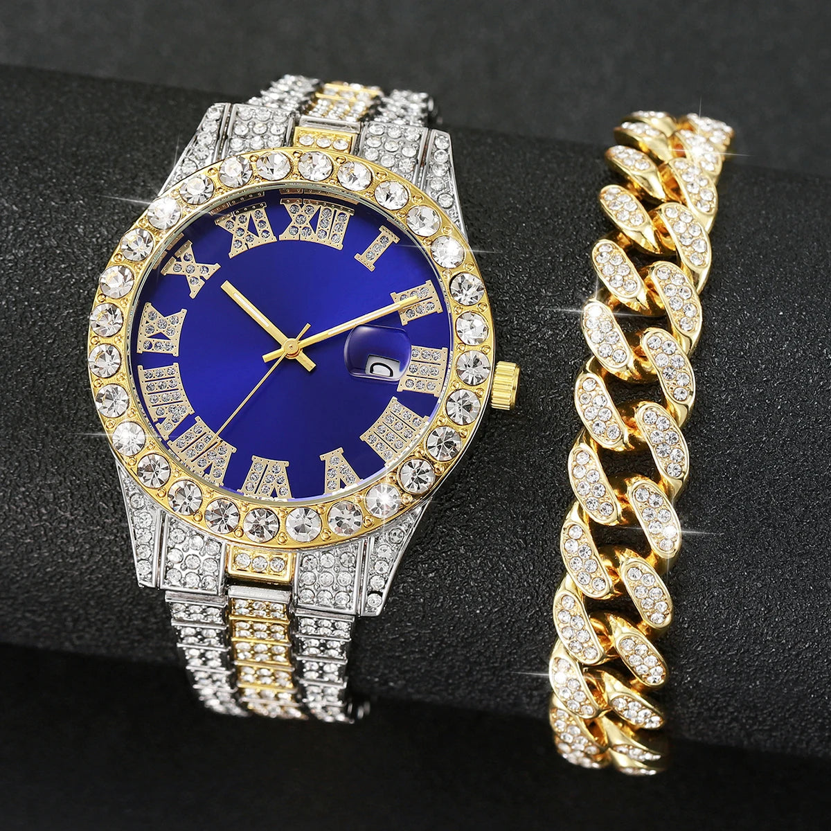 2PCS Luxury Rhinestone Men Watches Fashion Stainless Steel Band Male's Analog Quartz Watch Bracelet Set Relogios Masculino