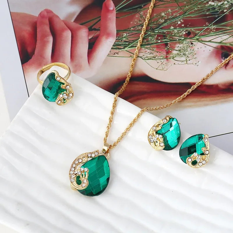 4PCS Trendy Water Droplets Peacock Jewelry Set Crystal Elegant Creative Series Peacock Exquisite Crystal Korean Edition Jewelry