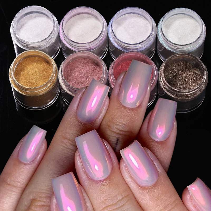 NICOLE DIARY 5g Aurora Pearl White Pink Nail Powder Chrome Pigments Metallic Rubbing Dust Moonlight Effect Nail Arts Decoration