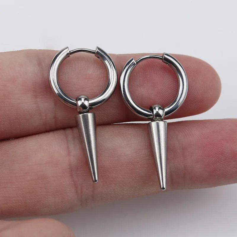 Rock Cone Pendant Hoop Earrings Women Men Stainless Steel Geometric Cartilage Single Earring Hip Hop Piercing Jewelry