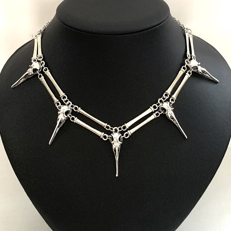 Gothic the raven Pendant Necklace Antiqued Silver Bird Skull, Witch Skull  Necklace Unisex Mens Necklace Boho Statement Necklace