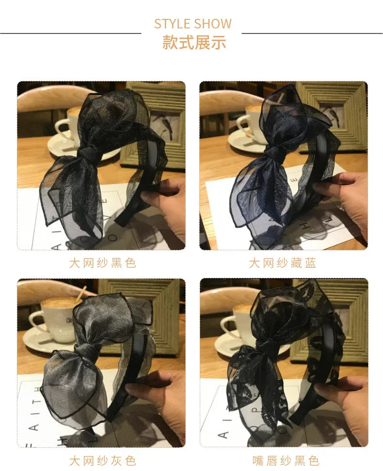 Bow Hairband Black Mesh Headband for Women Korean Fashion Double Layers Headbands with Lips Print Ladies Hair Accessories