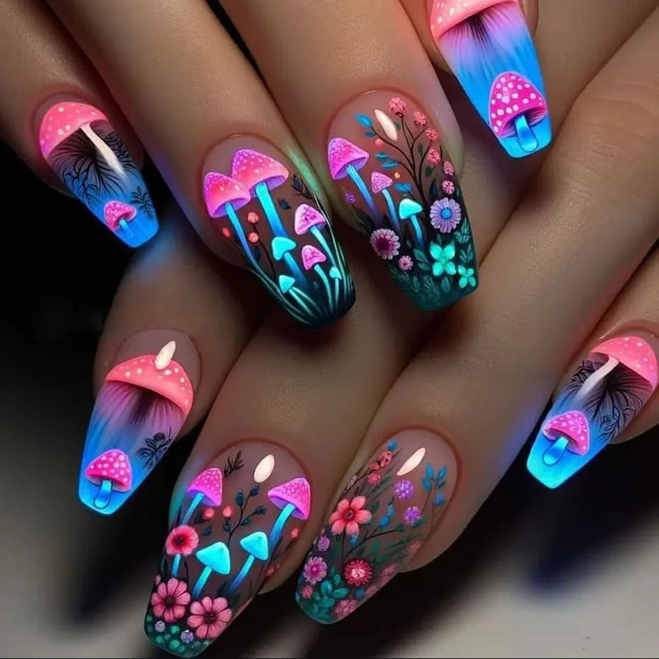 24Pcs Almond Head Press on Nails Fashionable Nail Art Colorful Gradient Flowers False Nails Dreamy Summer Nails Fun Fake Nail