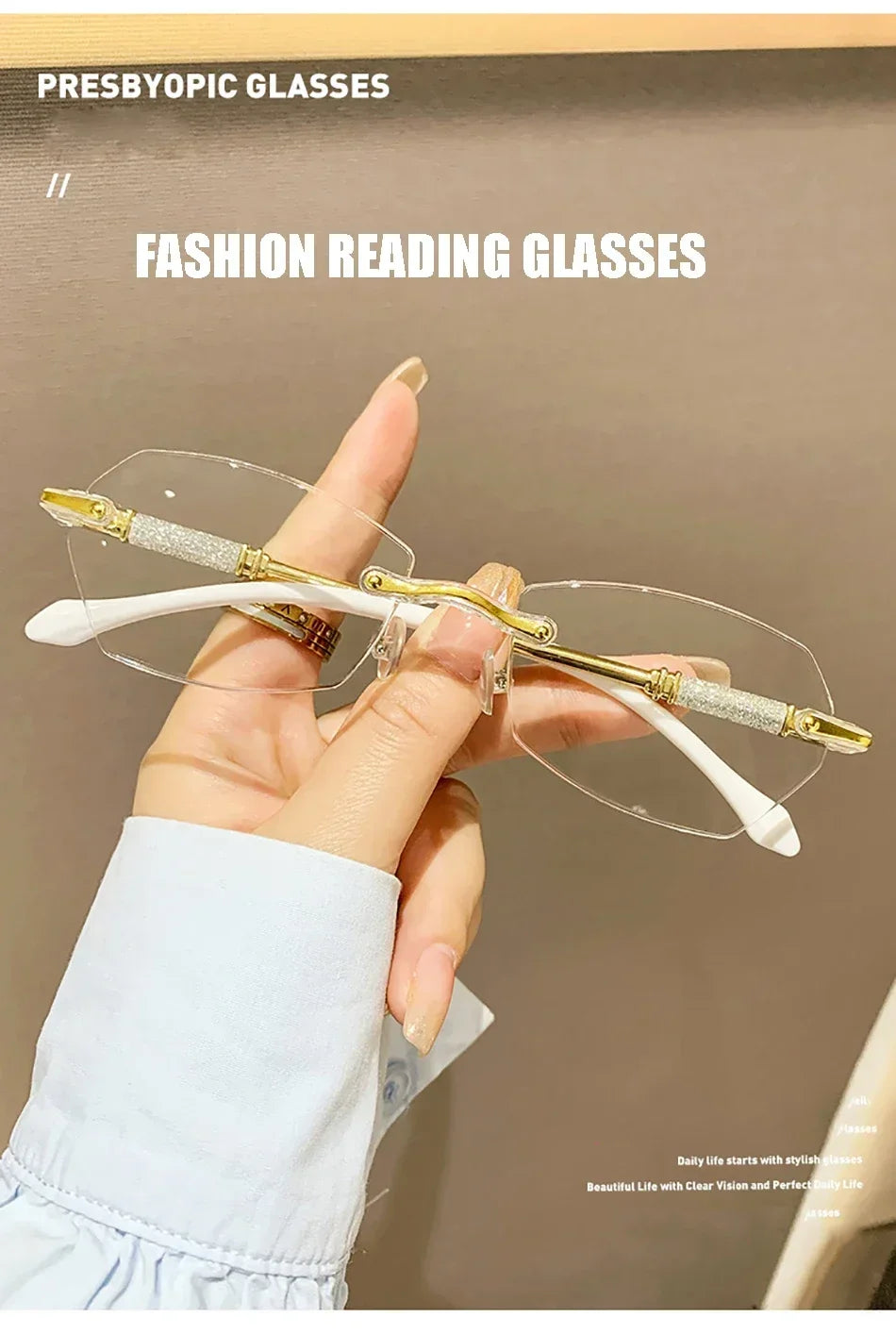 New Rimless Diamond Cutting Presbyopic Glasses Ladies Anti Blue Light Ultra Light Reading Glasses +1.0+1.5+2.0+2.5+3.0+3.5+4.0
