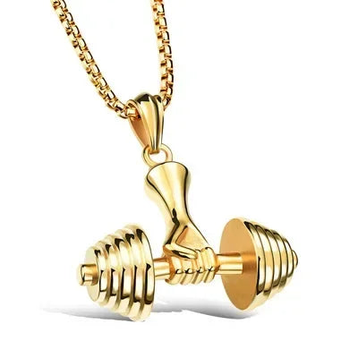 Cool Titanium Steel Dumbbell Pendant Necklace Barbell Fitness Pendant Men and Women Leisure Sports Punk Jewelry