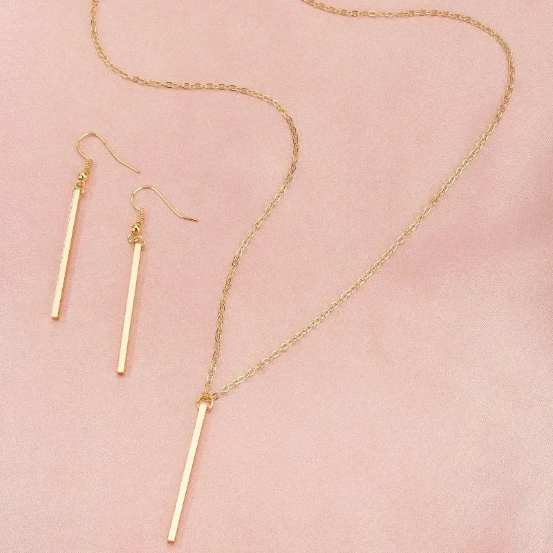 Elegant Gold Stick Jewelry Sets for Women Pendant Necklace Drop Earring Simlpe Adjustable Geometry Wedding Jewelry