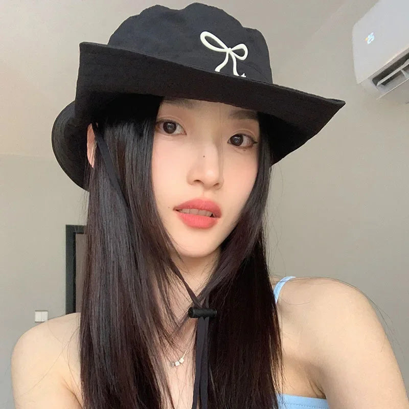 Fashion Bow Embroidery Quick Dry Bucket Hat Summer Hiking Camping Caps Wide Brim Fordable Sunscreen Y2K Hats Girl Women