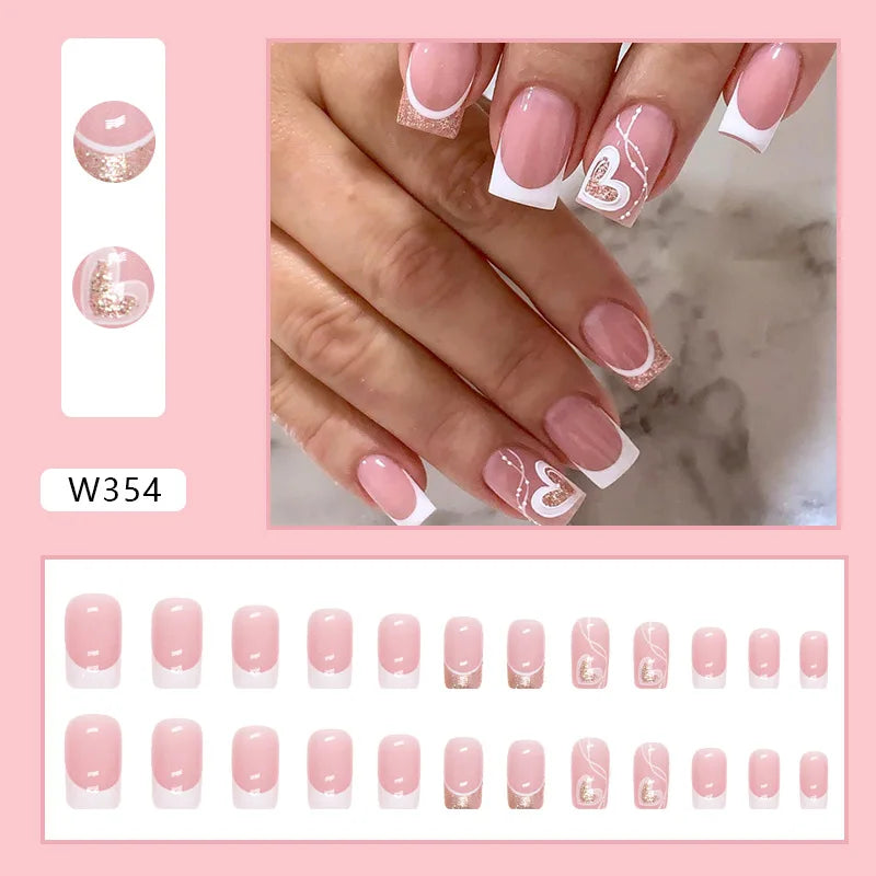 Sweet French 24 Pcs Press on Nails Pink Gradient Fake Nails Glossy Artificial Finger Manicure Reusable False Nails for Women