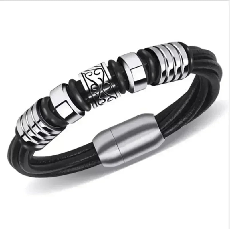 Classic Vintage Magnetic Buckle X Pendant Black Leather Bracelet, Suitable for Men\\\\\\'s Fashion Casual Rock Jewelry