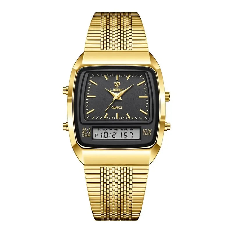 New Golden Steel Strap Quartz Sport Watch Mens Dual Time Week Display Digital Wristwatches Waterproof Clock Reloj Hombre