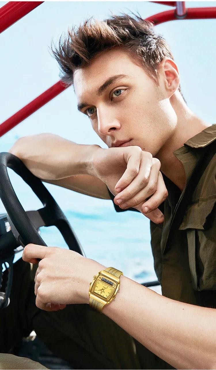 New Golden Steel Strap Quartz Sport Watch Mens Dual Time Week Display Digital Wristwatches Waterproof Clock Reloj Hombre