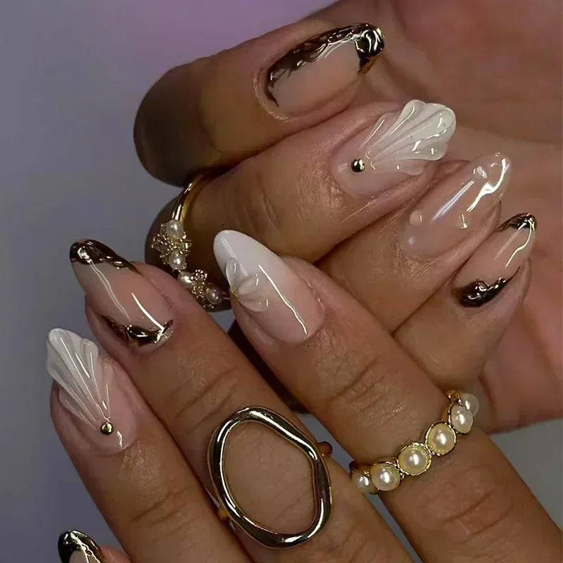 24Pcs Sweet Spice Girl Almond Press on Fake Nails Sun Star Eye False Nails Full Cover Gold Chrome Powder Artificial Nail Art Tip