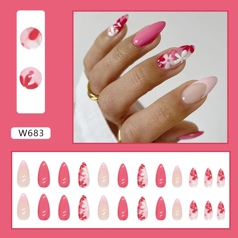 Sweet French 24 Pcs Press on Nails Pink Gradient Fake Nails Glossy Artificial Finger Manicure Reusable False Nails for Women