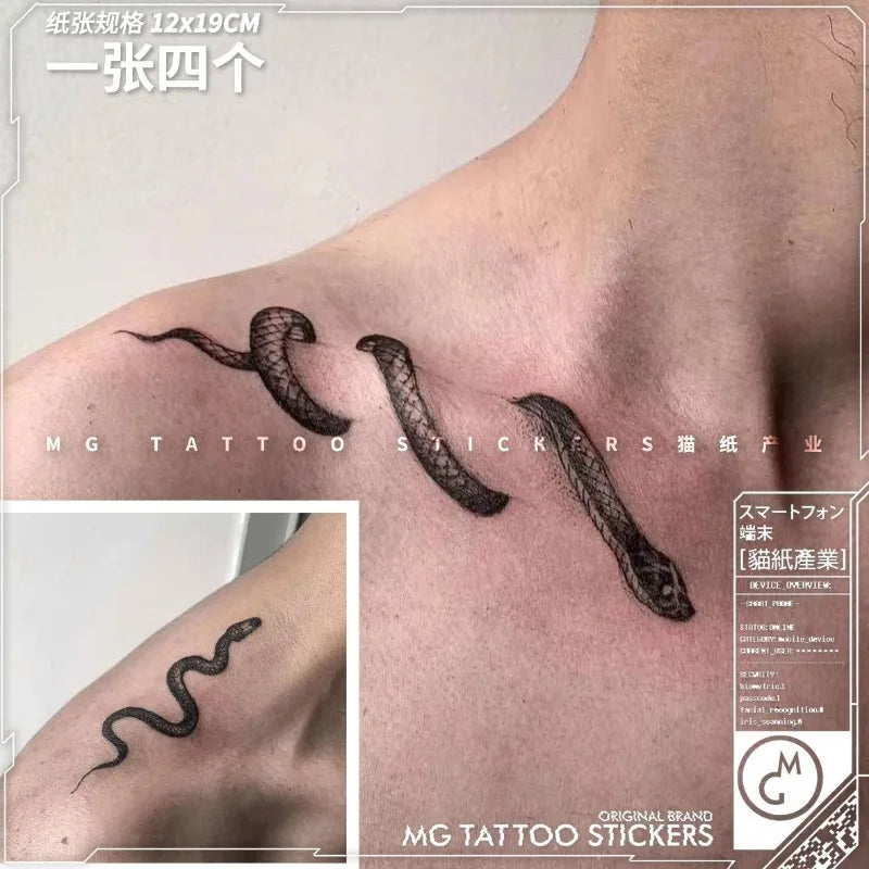 Gothic Snake Fake Tattoo for Woman Man Collarbone Punk Viper Temporary Tattoo Waterproof Black Python Tatoo Stickers Wholesale