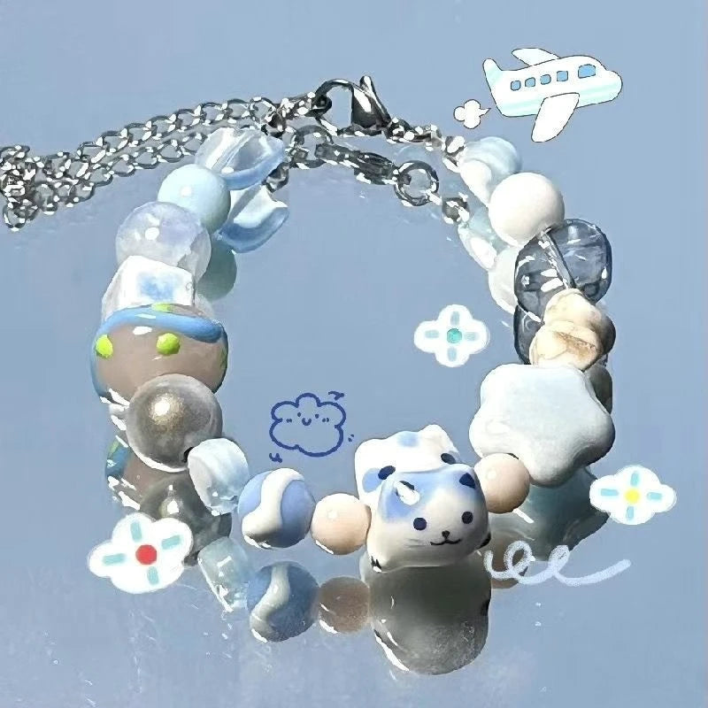 Women Summer Dopamine Sweet Cool Rhinestone Stars Bracelets Cute Cartoon Black Cat Heart Beads Bracelet Fashion Jewelry Gifts