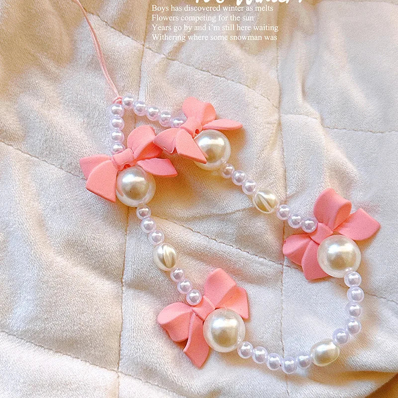 1pc Charm Bowknot Mobile Phone Chains For Women Girls Telephone Charm Strap Pink Black Acrylic Pearl Beaded Lanyard Jewelry Gift