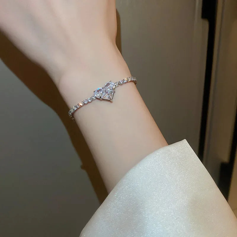 Inlaid Square Zircon Rhinestone Chain Bracelet For Women White Pink Love Heart Bracelets Bangles Wristband Jewelry Gift For Girl