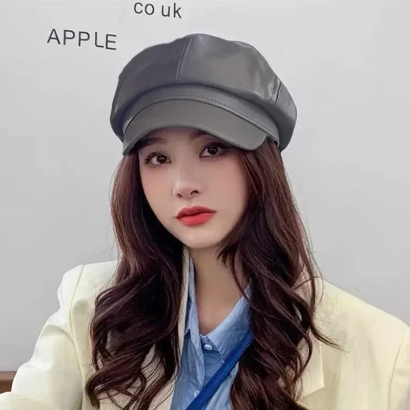 8 Panels Newsboy Caps for Women PU Leather Cabbie Painter Hat Gatsby Ivy Beret Cap