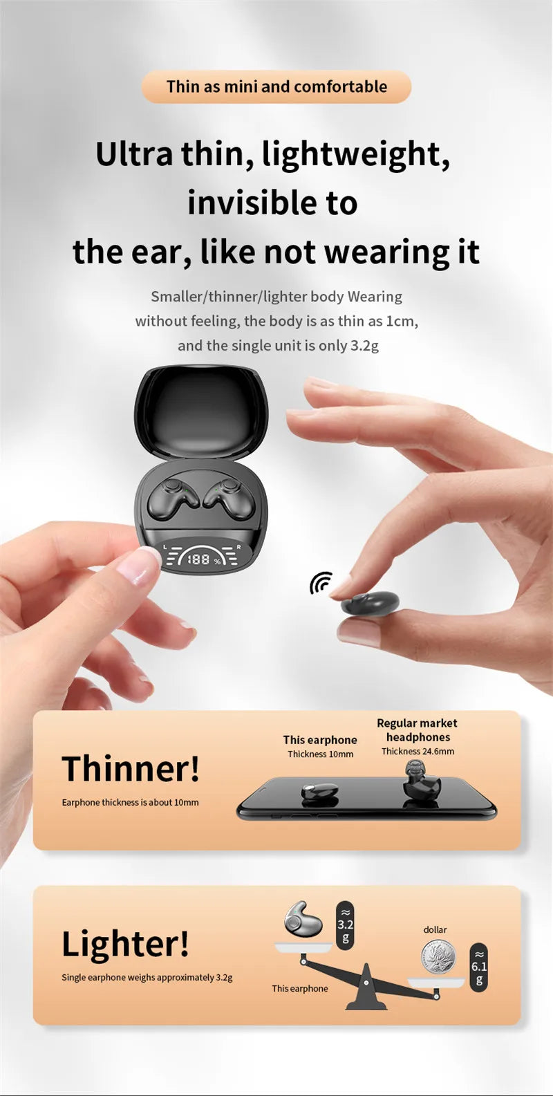 Invisible Bluetooth 5.3 Headphones Wireless Sleep Earphones HiFi Stero Noise Reduction Earbuds Sports Headsets for Xiaomi iPhone