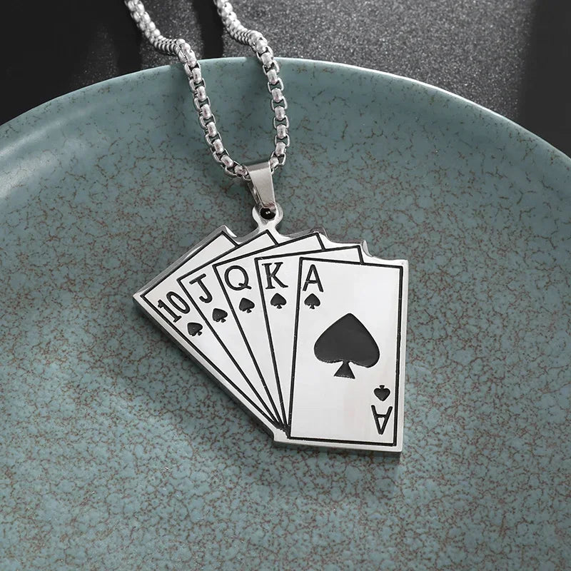 Hip-Hop Iced Out Spades Playing Card Necklace Men\'s Personalized Street Hip-Hop Rock Trend Jewelry Cool Luck Necklace