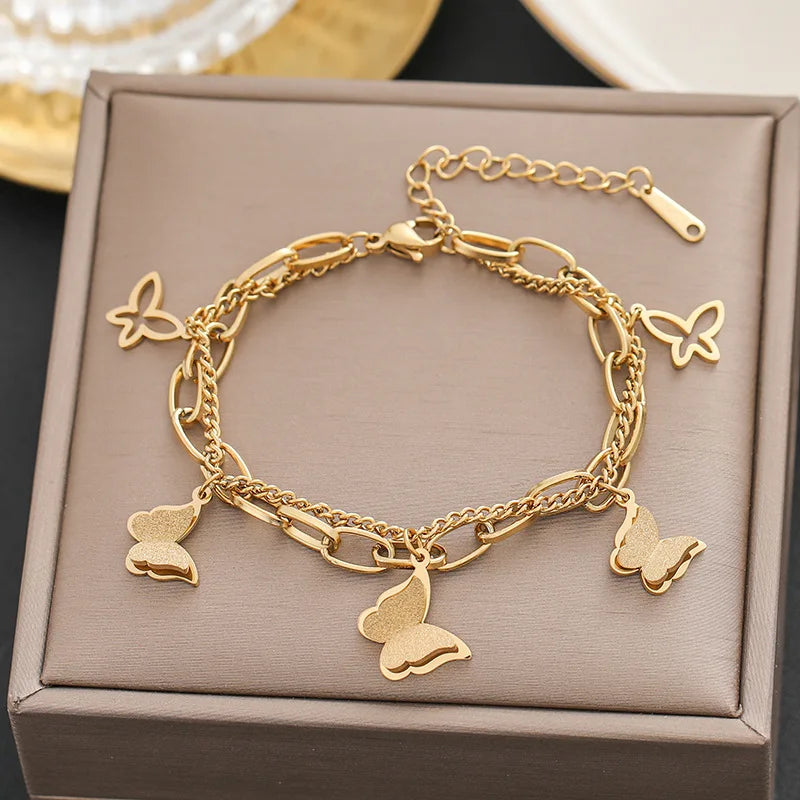 316 Stainless Steel Butterfly Heart Belt Twist Multilayer Chain Bracelet For Women Jewelry Party Gifts Bijoux Pulsera