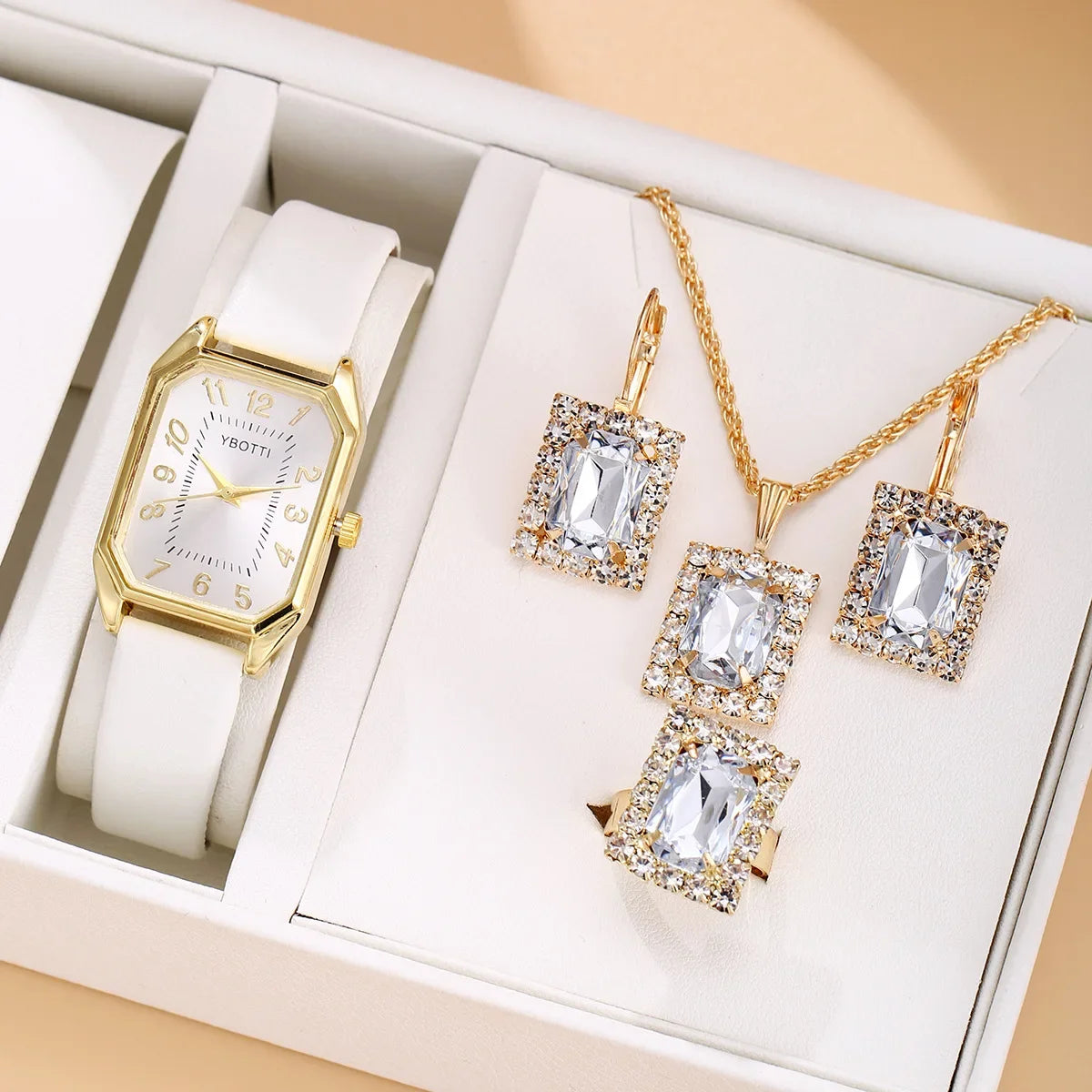 2024 New Leisure Fashion Leather Women's Business Square Quartz Watch Korean Rhinestone Jewelry Set Reloj Mujer Elegante