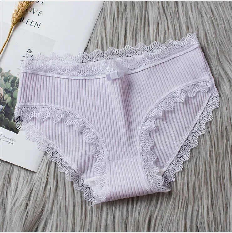 Casual Cotton Panties for Women Lace Mid Waist Underwear Threaded Brief Solid Color Skin Friendly Ladies Underpants Breathable