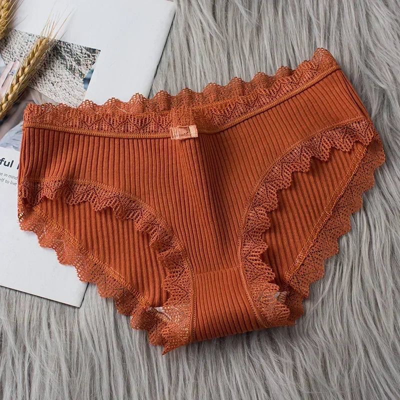 Casual Cotton Panties for Women Lace Mid Waist Underwear Threaded Brief Solid Color Skin Friendly Ladies Underpants Breathable