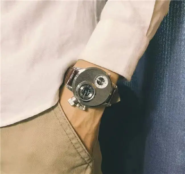 YIKAZE Luxury Quartz Men's Watches Punk Style Dual Dial Business Men Wristwatch Stainless Steel Strap Waterproof Military Watch