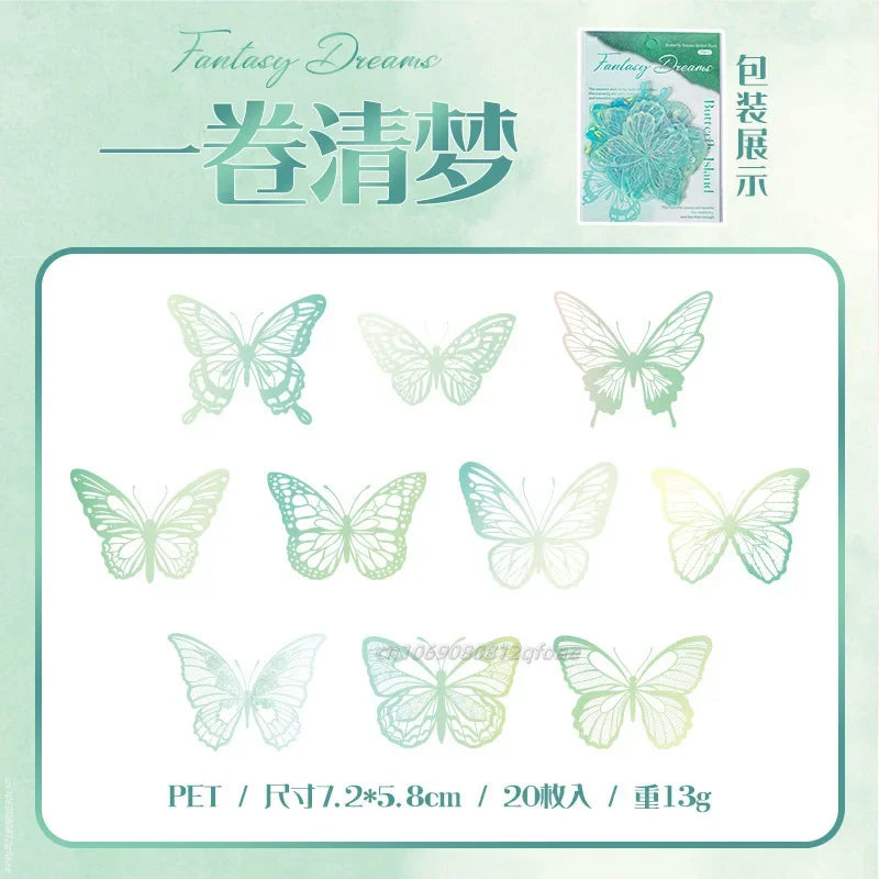 20pcs PET Butterfly Transparent Silver Color Stickers, Holographic Laser Decals for Luggage Laptop Phone Case Mug Decoration
