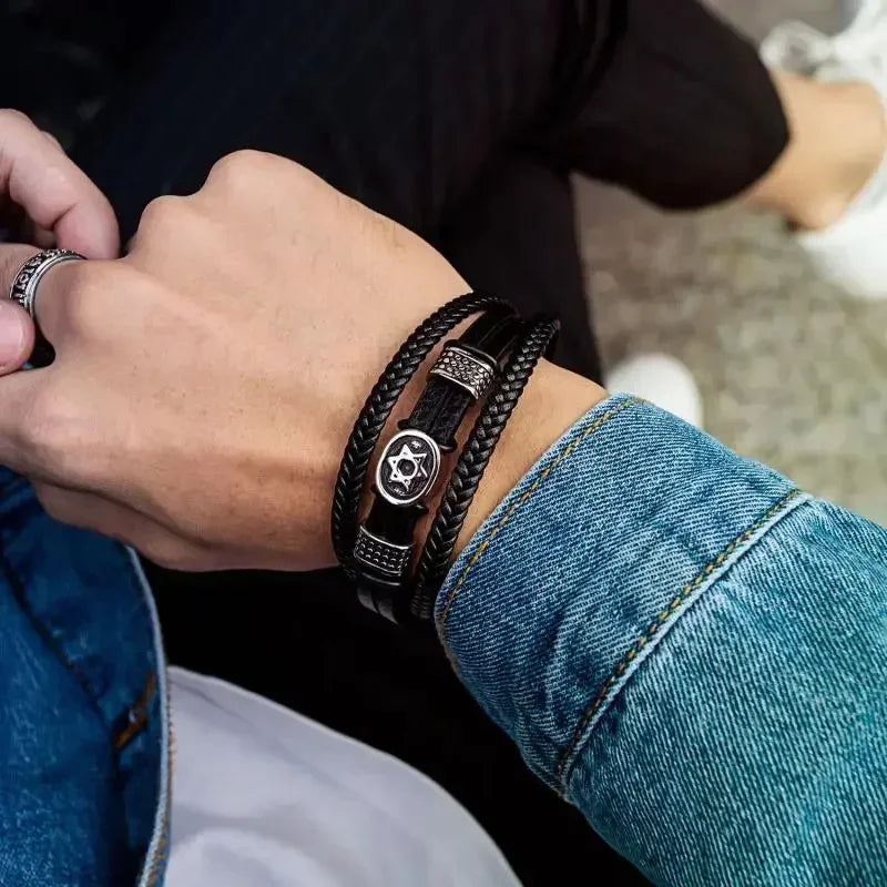 Fashion Star of David Multilayer Leather Braided Bracelet with Magnetic Clasp Men\\\\'s Vintage Judaica Amulet Jewelry