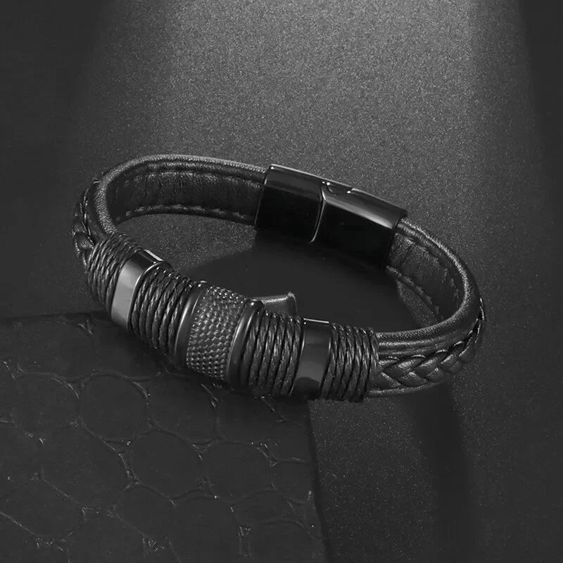 Classic Vintage Magnetic Buckle X Pendant Black Leather Bracelet, Suitable for Men\\\\\\'s Fashion Casual Rock Jewelry