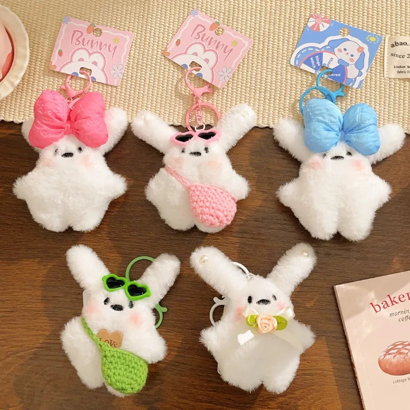 1Pc Kawaii Rabbit Plush Keyring Ornament Lovely Plush Animal Bowknot Keychain for Women Girls Versatile Bag Charm Pendant Gifts