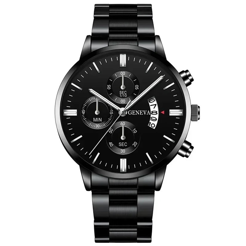 Luxury Men Business Quartz Watches 4pcs Set Gold Alloy Roman with Calendar Wrist Watch Cross Necklace Bracelet Ring Set Men Gift