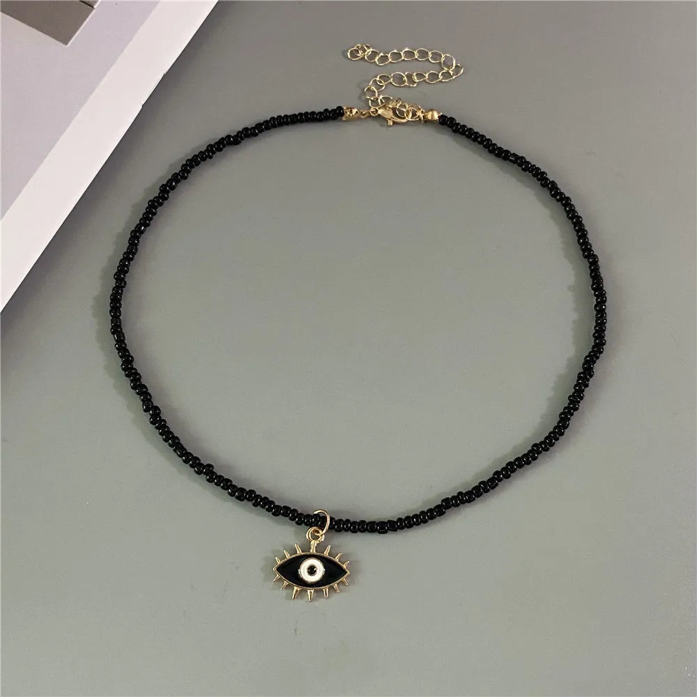 Lucky Handmade Necklace Popular Turkeky Eye Pendant Choker Colorful Rice Beadds Neck Jewelry