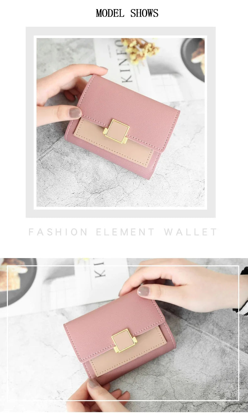 Patchwork Short Women's Wallet Fashion Square Clutch Money Credit Multiple Card Holders Metal Buckle Tri-Fold Ladies Coin Purse