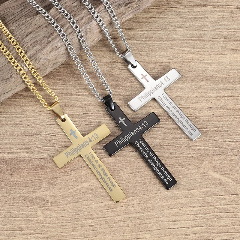 Philippians 4:13 Men\\\'s Simple Cross Pendant Necklace Stainless Steel Religious Amulet Jewelry Unisex Bijoux