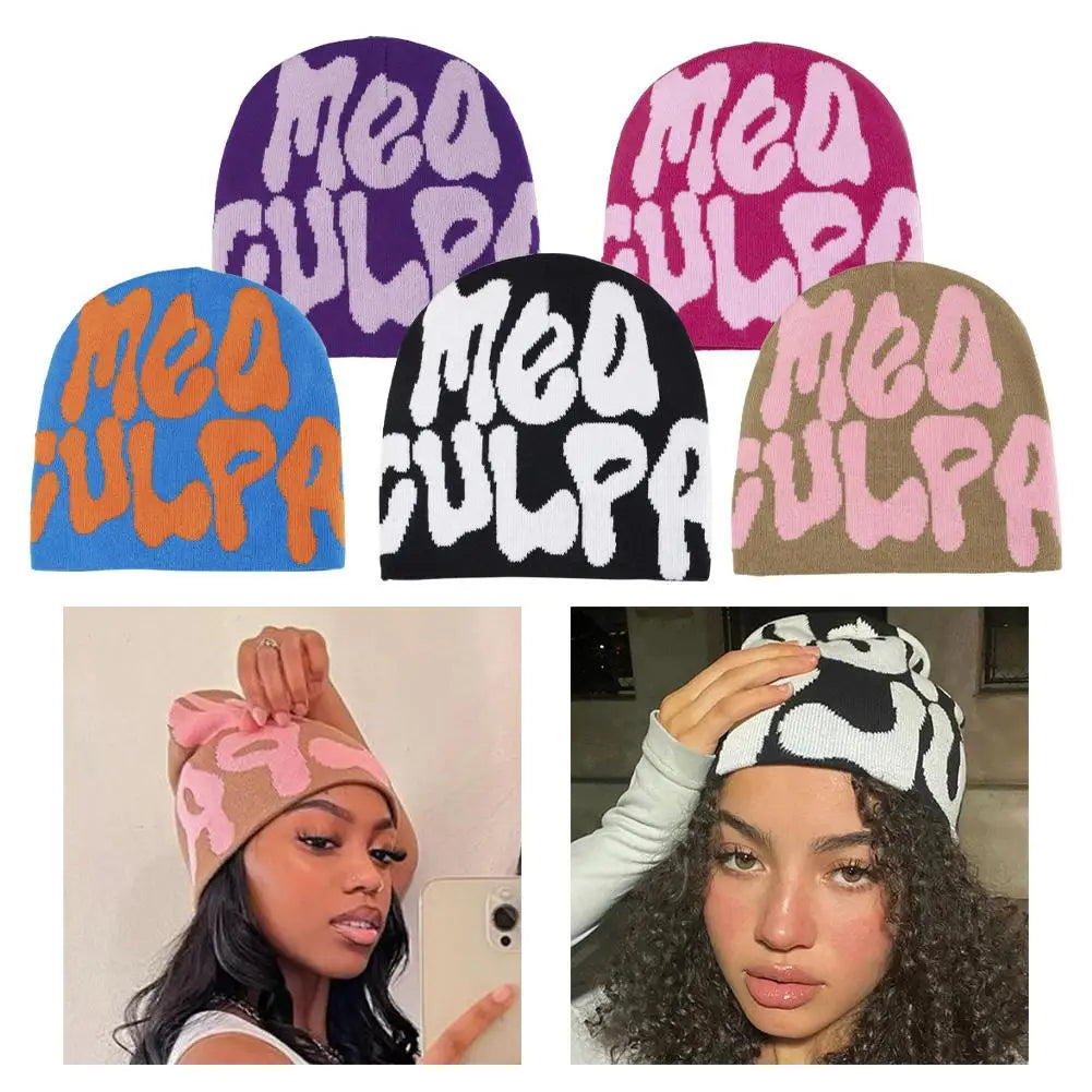 Fashion Korean Y2K Knitting Beanie Hat Cool Letter Graphic Knitting Beanie Cozy Knit Skullies Cap Slouchy Unisex Winter Hats