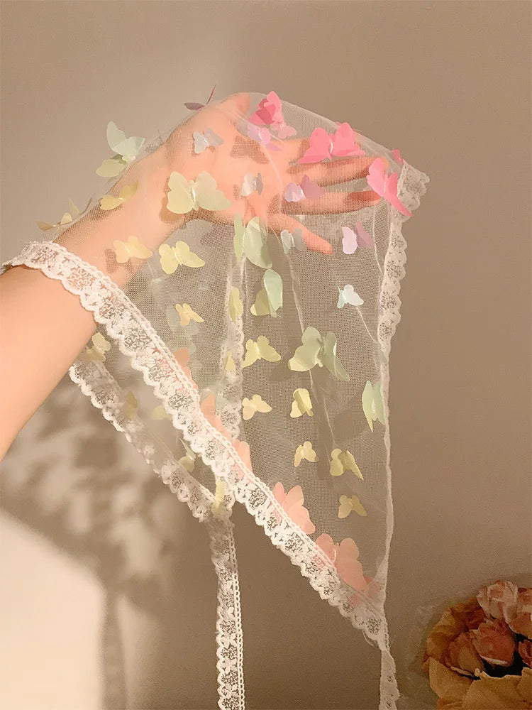 Dopamine Butterfly French Fairy Lace Triangle Headscarf Women's DIY Headwear Mesh Silk Scarf Hairband Summer Beach Accessories