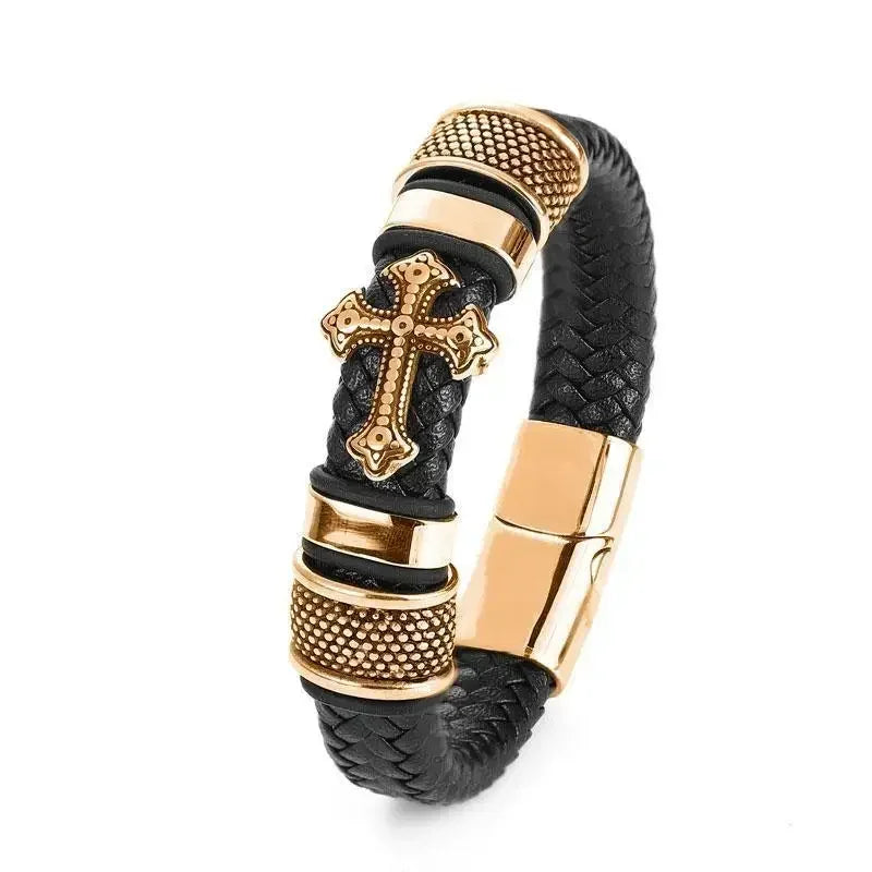 Hexagram Leather Bracelet Star of David Handwoven Double Layer Leather Magnetic Buckle Bracelet Judaism Amulet Jewelry for Men