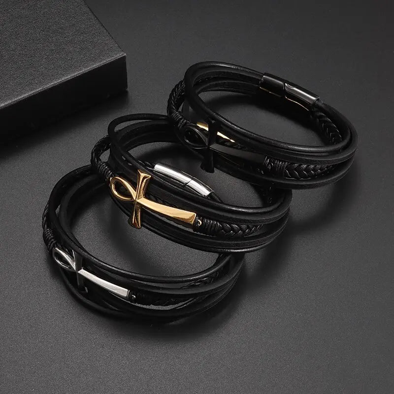 Vintage Hand Woven Eco-Friendly Leather Cross Bracelet with Magnetic Clasp Men\'s Fashion Pendant Religious Amulet Jewelry