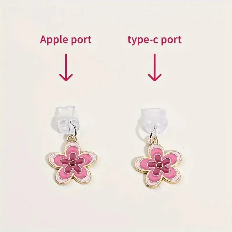 Pink flowers Phone Charging Port Anti-Dust Plug For Apple iPhone Samsung USB Type C Android Port Protector Lossproof Dustplugs
