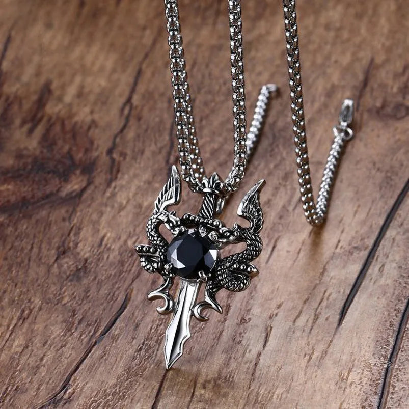 Double Dragon Red Stone Sword Cross Pendant Necklace For Men INS Vintage Stainless Steel Neck Chain Cool Hip Hop Jewelry Gifts
