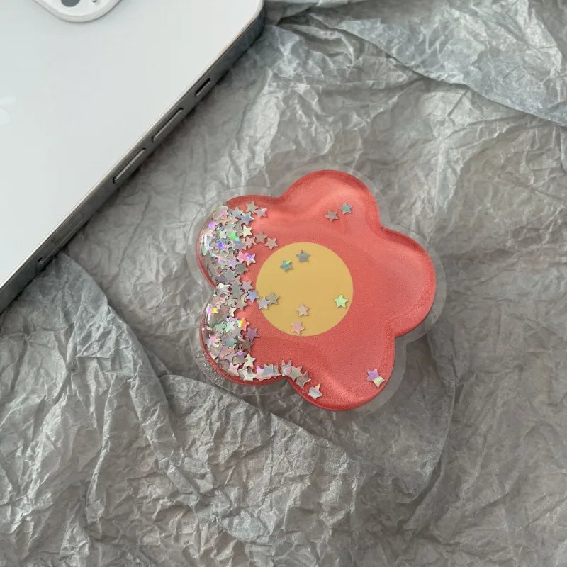 Cartoon Glitter Flowers Liquid Quicksand Phone Grip Stand Holder For iPhone Samsung Huawei Xiaomi Universal Finger Ring Bracket