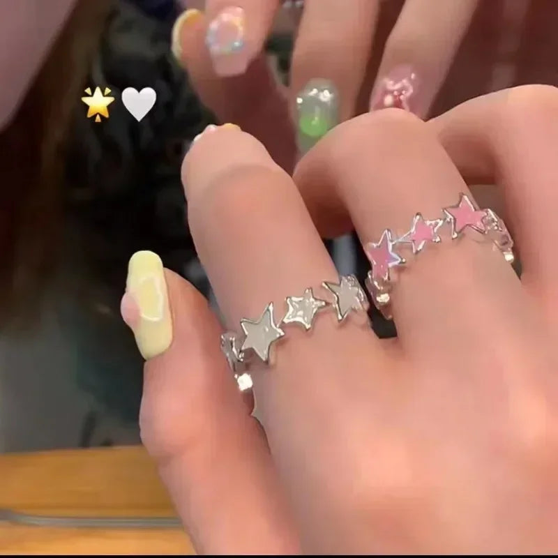 Y2k Irregular Pink Stars Rings Sweet Girls Cute Opening Adjustable Ring Korean Enamel Blue Star Paired Rings Aesthetics Jewelry