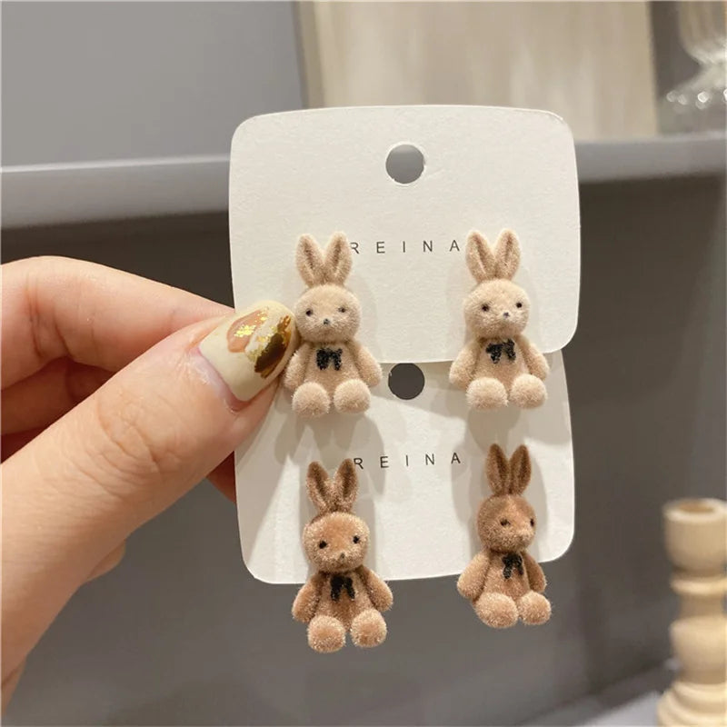 Cute Flocking Plush Rabbit Bear Stud Earrings Kawaii Brown Khaki Animal Earrings For Women Girls Korean Earring Jewelry